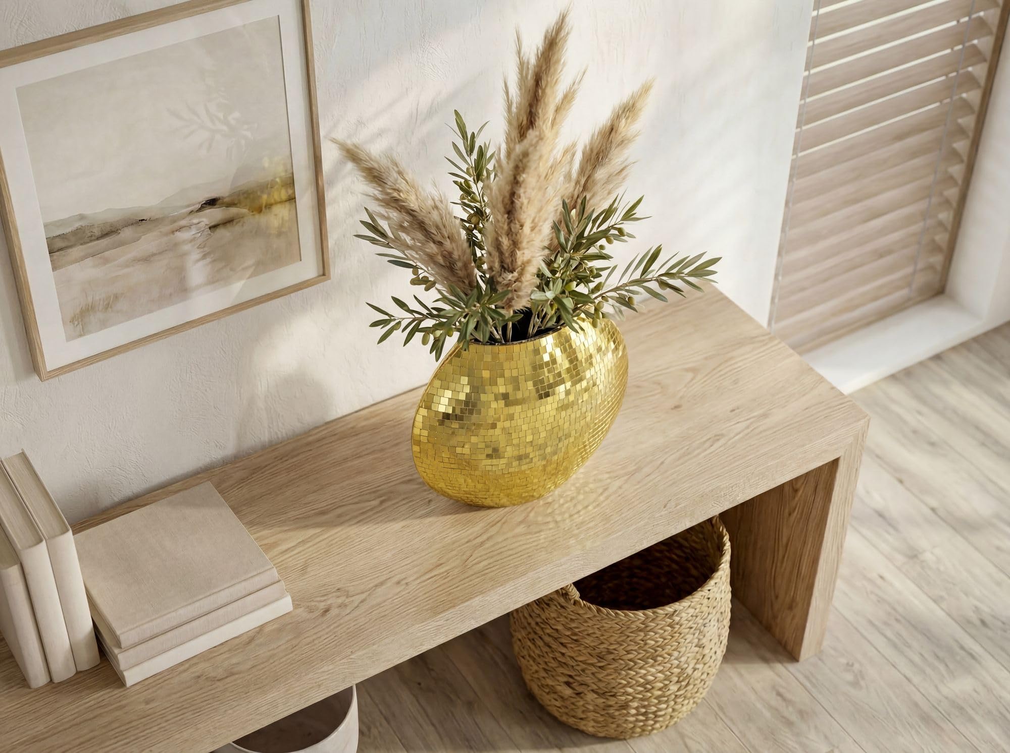 FineBuy Tischvase 40 cm Metall Gold mit Mosaik-Oberfläche | Dekovase rund und flach, Blumenvase aus Metallquadraten handgefertigt, Wohndeko für Esstisch und Sideboard