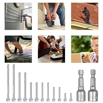 100pcs Self-Drilling Roofing Screws M4.8 x19mm, Stainless Steel 401 Hex Head with Rubber Sealing Washers, Self-Tapping for Metal Sheets, Includes 8mm Socket
