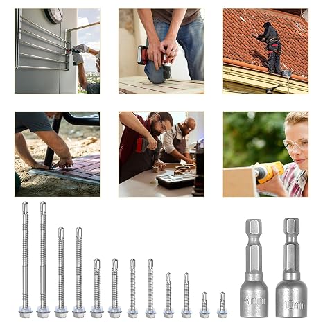 100pcs Self-Drilling Roofing Screws M4.8 x19mm, Stainless Steel 401 Hex Head with Rubber Sealing Washers, Self-Tapping for Metal Sheets, Includes 8mm Socket