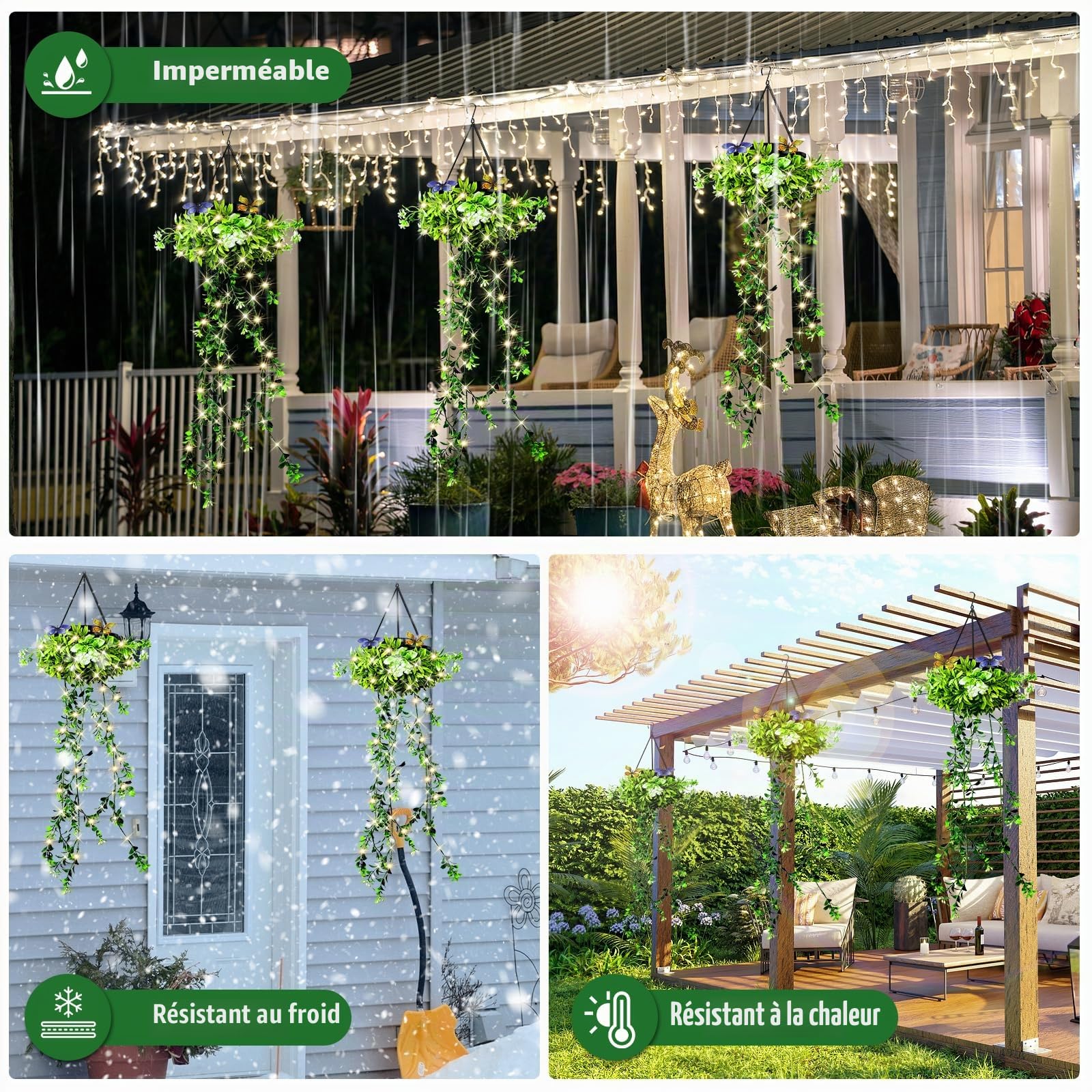 Lampe Solaire Exterieur, 2 Fausse Plante IP65 Suspendue Jardin Décoration, Plante Artificielle Tombante Cour Terrasse Noël Mariage Fête, Blanc Chaud Cadeau