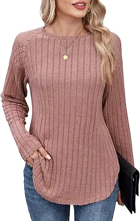ZAFUL Long Sleeve Shirts for Women Lace Lightweight Top Sweaters Business Dressy Casual Tunic Blouse Side Split