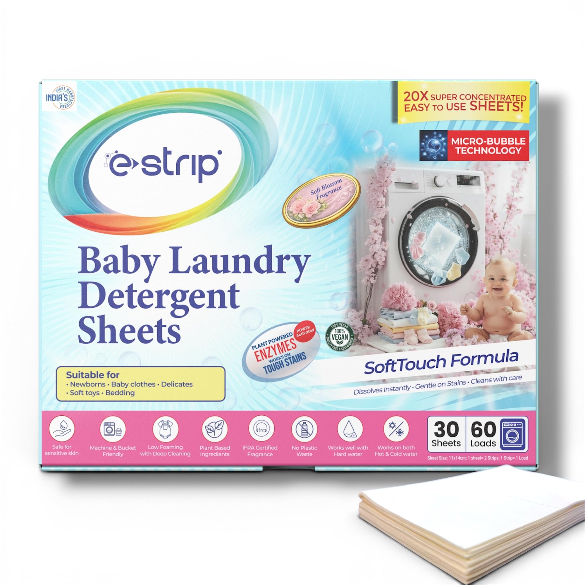 eStrip Baby Laundry Detergent Sheets with Micro-Bubble Technology | Plant-Based, Hypoallergenic | Works in Hot & Cold Water | Machine & Hand Wash Friendly (30 Sheets)-picture-22