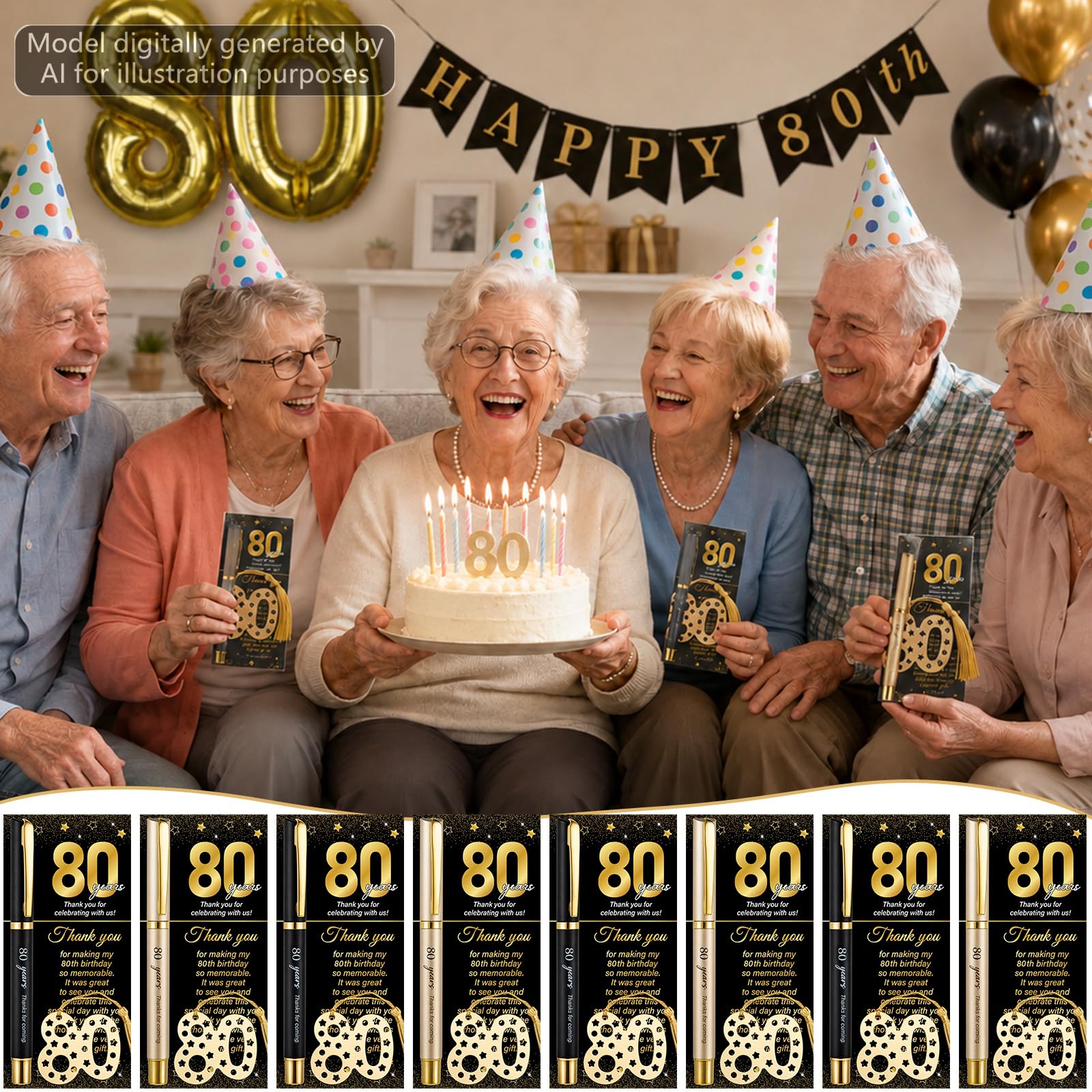 Lesezeichen und Dankeskarten, 50 Sets zum 80. Geburtstag