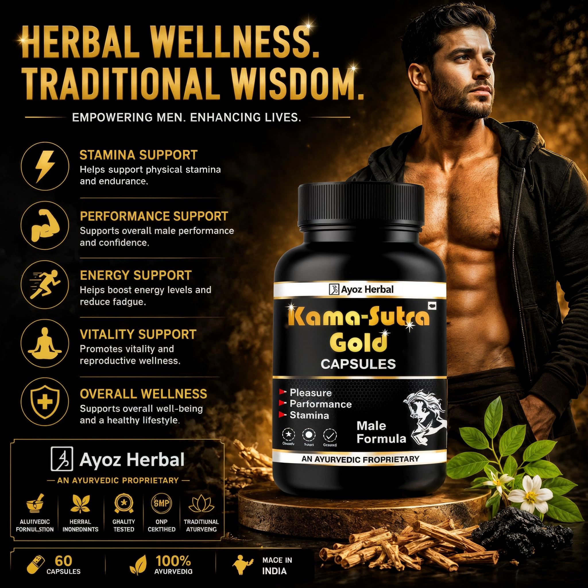 Original Kamasutra Gold Power Ayurvedic Tablets for Man Extra Time | Ling Booster Ayurvedic Medicine for Men Lamba Mota, Male Health, Long-Lasting Timing (60 Capsules) — Amazon image 2