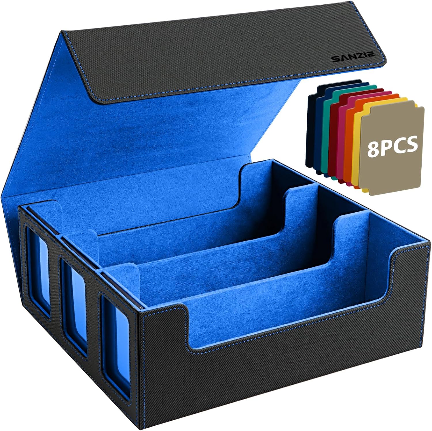 SANZIE Card Deck Box for MTG Commander Deck Box with 8 Dividers fits 1800+ Single Sleeved Trading Cards TCG Box for Magic Game Cards (Black&Blue)