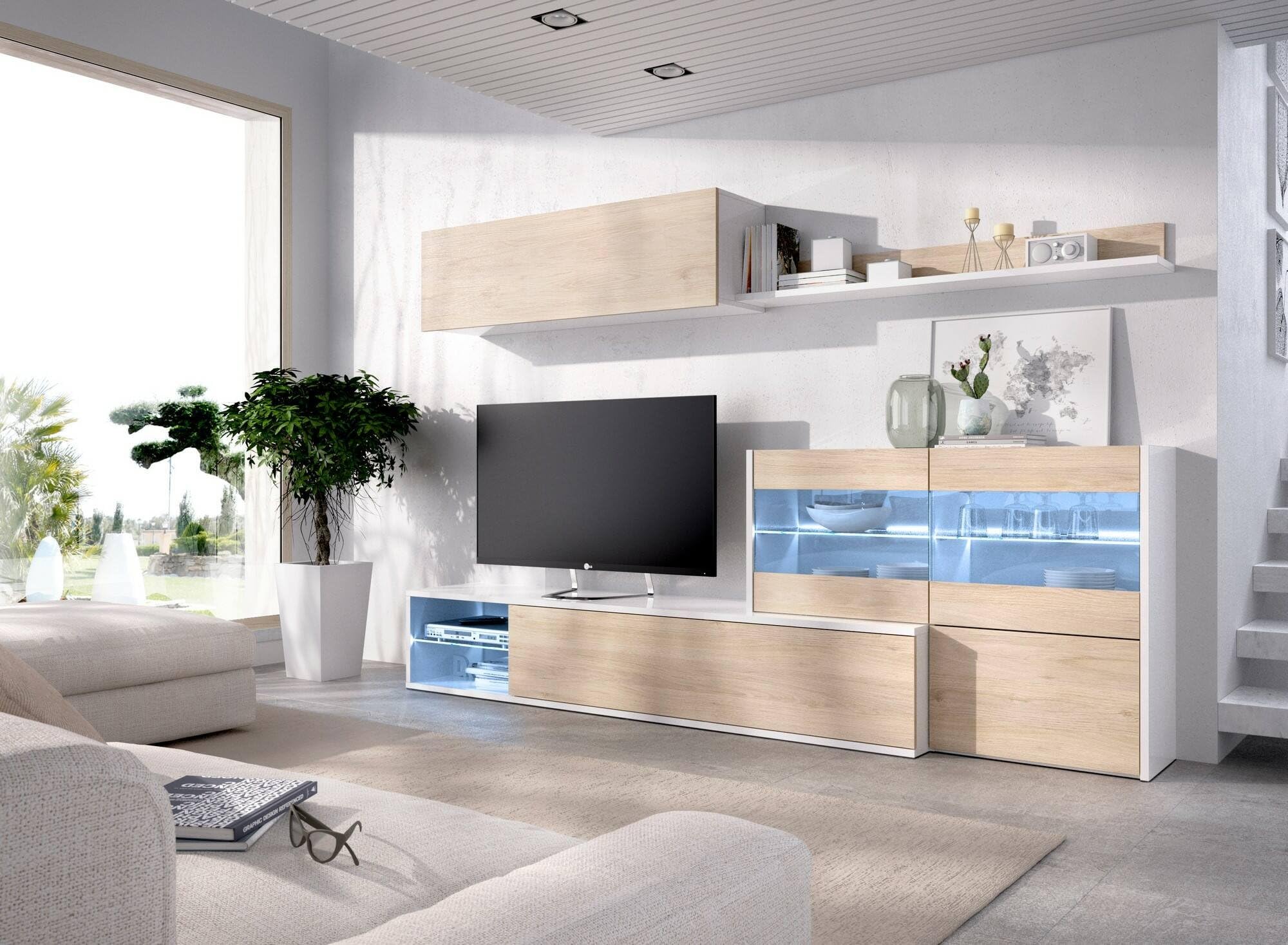 Dmora Parete Attrezzata Adams 41x260x180h cm Marrone Rovere 9 Ripiani Modulabile, Apertura Battente e a Ribalta
