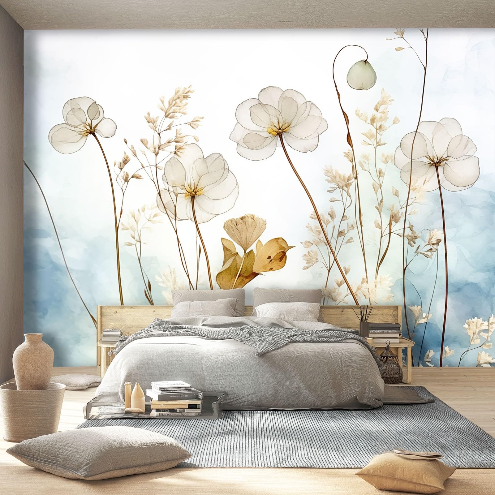 Vliestapete 350 x 256 cm für Wanddekoration - Aquarell Pflanzen Trockenblumen Tapeten für Wohnzimmer Kinderzimmer TV Hintergrund, Hellblau Modedesign Fototapete