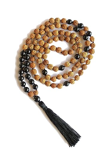 ZENstore Certified Black Tourmaline and Rudraksha Healing Yoga Mala Necklace With Tassel 108 Beads Natural Gemstones Root Base Chakra Protection