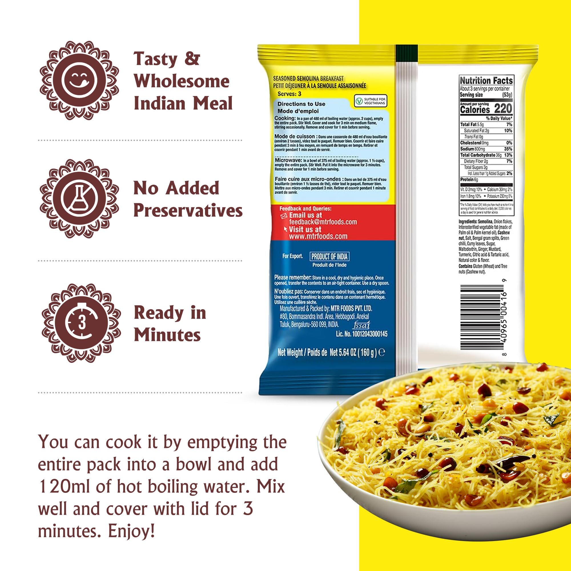 MTR 3minute Seviyan Vermicelli Upma - Ready-to-Cook Mix - Authentic Indian Food in Just 3 Minutes - 100% Vegetarian - No Added Preservatives - Just Add Hot Water - Quick & Easy (Seviyan Vermicelli Upma - 160g, Pack of 6)