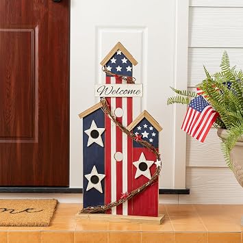 Glitzhome Patriotic Porch Sign, 4th of July Independence Day Welcome Sign, Wooden Birdhouse Design, 30" Farmhouse Rustic Porch Board for Memorial Day Front Door, Patio, and Yard Party Decor