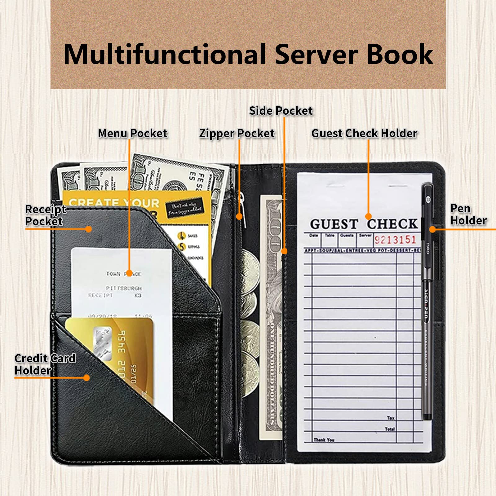 Libro de servidor para camarera, libros de servidor para camarera con bolsillo con cierre, lindo libro de servidor, organizador de camarera con bolsillo para dinero y delantal de servidor con cierre,