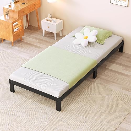 Base de cama individual de 4 pulgadas, plataforma de metal resistente de perfil bajo, no necesita somier, con soporte de listones de acero, fácil