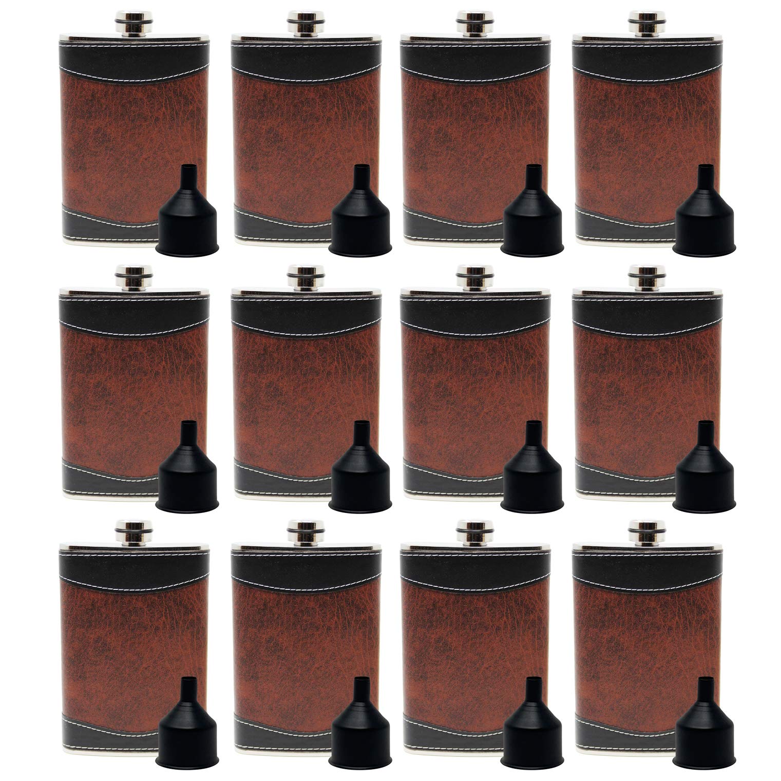 Mens 8oz Stainless Steel Hip Flasks for Liquor, Brown and Black, Pack of 12