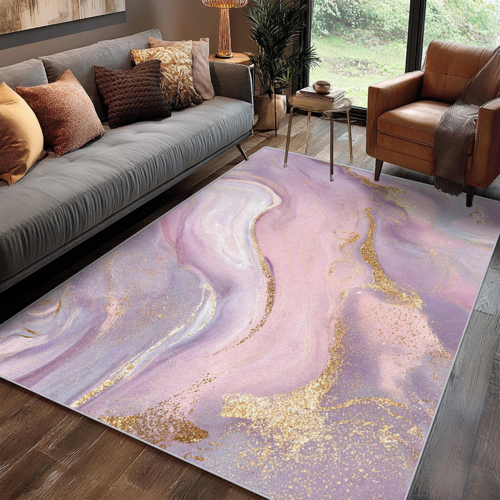 Tapis salon 80x150 cm marbre rose et or abstrait pour décoration de chambre à coucher