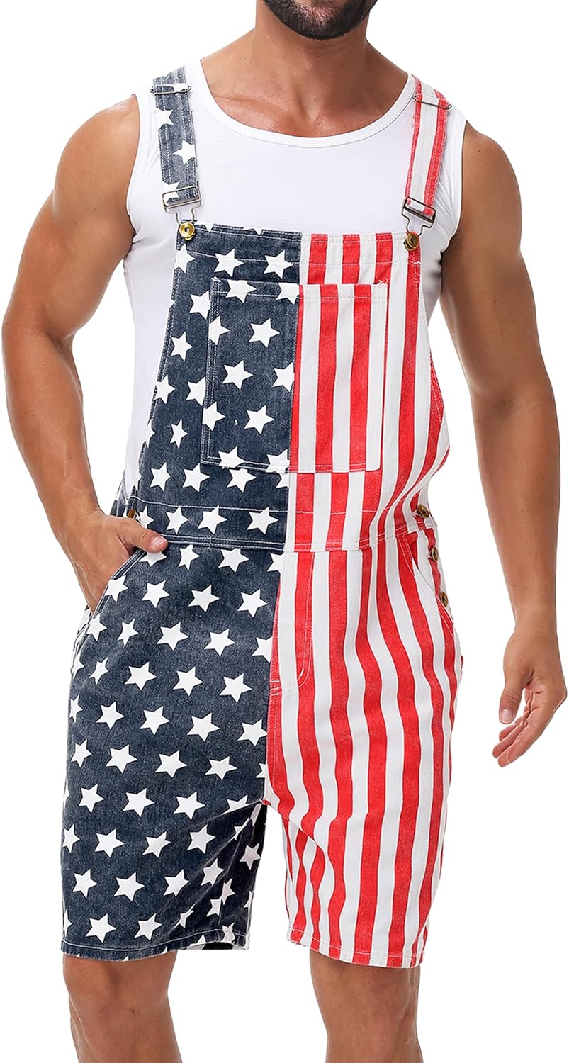 AOBUTE Unisex 4th of July Denim Bibs Overalls Men American Flag Printed Shorts Rompers Jumpsuit