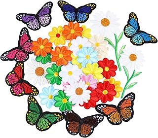 JEWEDECO 39 peças de adesivos de tecido de margarida patch jeans apliques apliques de borboleta bordado patch fantasias adesivos deco apliques florais roupas patch ferro em patches conjunto de remendos de costura
