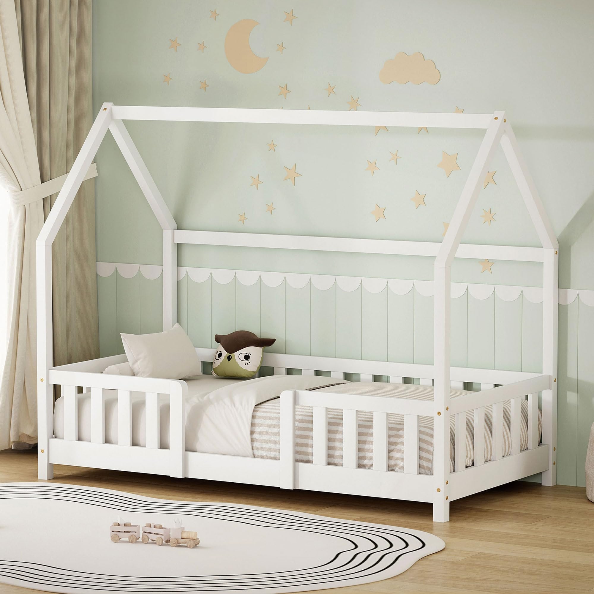 ML-Design Kinderbett Hausbett 80x160 cm mit Rausfallschutz, Dach & Lattenrost, Weiß, Bettgestell aus massivem Kiefernholz, Montessori Bodenbett, Holzbett für Mädchen & Jungen, Jugendbett, Einzelbett