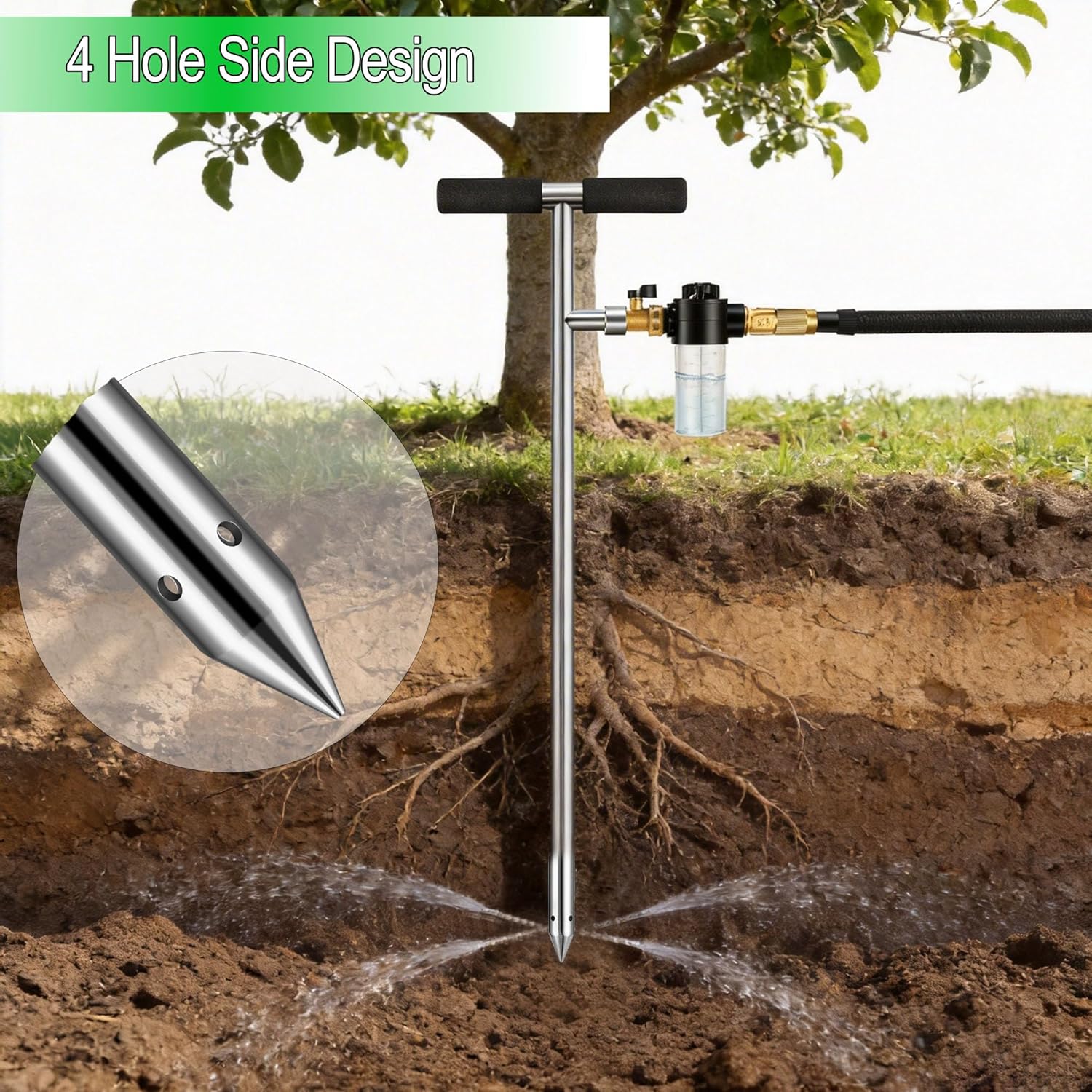 Caulimo Deep Root Watering Tool for Trees, Tree Watering Spike with Fertilizer Bottle, Stainless Steel Root Feeder for Garden, Orchard & Shrubs, Tree Irrigation System with Brass Valve|T-Handle