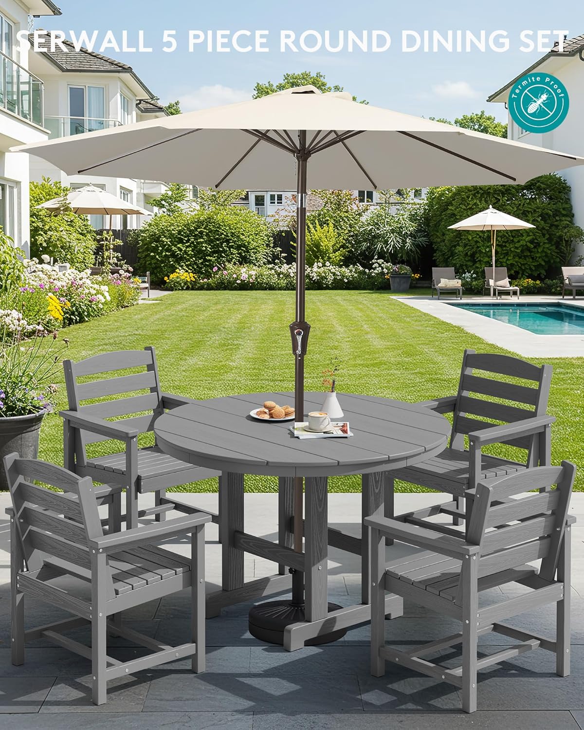 SERWALL 6-Piece Patio Dining Sets, HDPE Outdoor Table and Chairs Furniture Set with Umbrella, 45" Round Dining Table & 4 Dining Chairs & 1 9FT Umbrella, Gray(Not Include Umbrella Base)