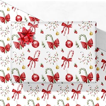 GIOLNIAY Candy Canes Christmas Wrapping Paper for Kids Adults - Holiday Gift Wrap Red Bows, Candy Canes & Ornaments - 4 Jumbo Sheets, 28" x 40" Each 31 sq. ft ttl, Easy to Store