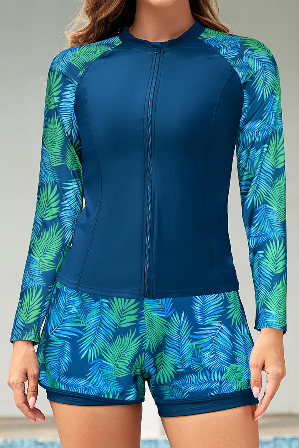 SHEKINI Damen 3-teiliger Rashguard-Badeanzug mit Reißverschluss, langärmelig, gepolstert, Sport-BH mit Boyshorts, bescheidener Badeanzug-Set