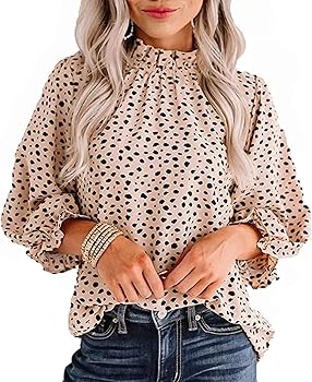 Avanova Women's Leopard Printed Ruffle Hem Long Sleeve Mock Neck Blouses Top