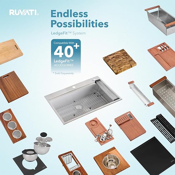 Ruvati 33 x 22 inch Workstation Drop-in Topmount Kitchen Sink 16 Gauge Stainless Steel Single Bowl - RVH8003