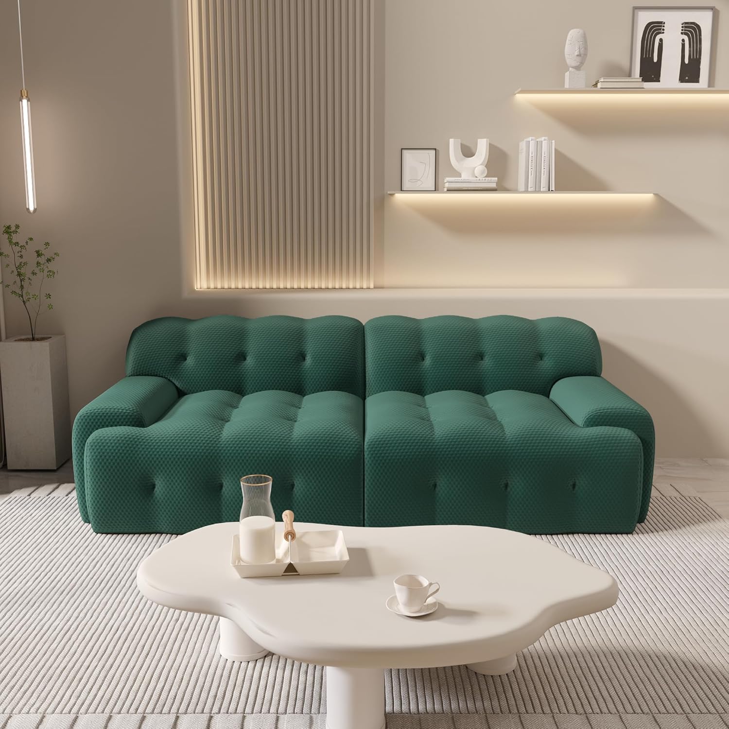 Loveseat Couch, 86.6'' Sectional Sofa Breathable Mesh Fabric Floor Couch, Modern Modular Green Sofa for Living Room, Office, Salon, Apartment