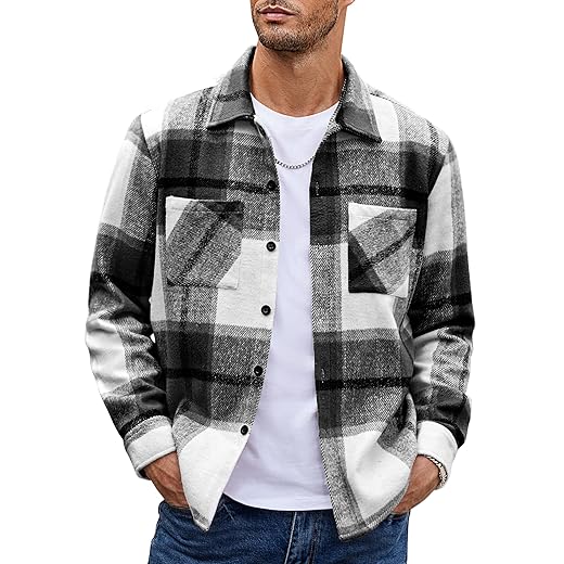 COOFANDY Men's Flannel Shirts Casual Button Down Plaid Shirt Jacket Long Sleeve Fleece Shacket with Pockets