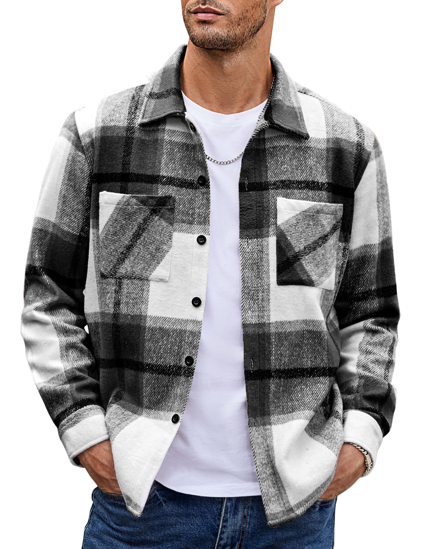 COOFANDY Flanelle overhemd voor heren, langarm, geruit houthakkerhemd, vrijetijdsoverhemd met borstzak, hemdjack, karo overhemden, regular fit, klederdrachtshirt, motorrijdershirt, M