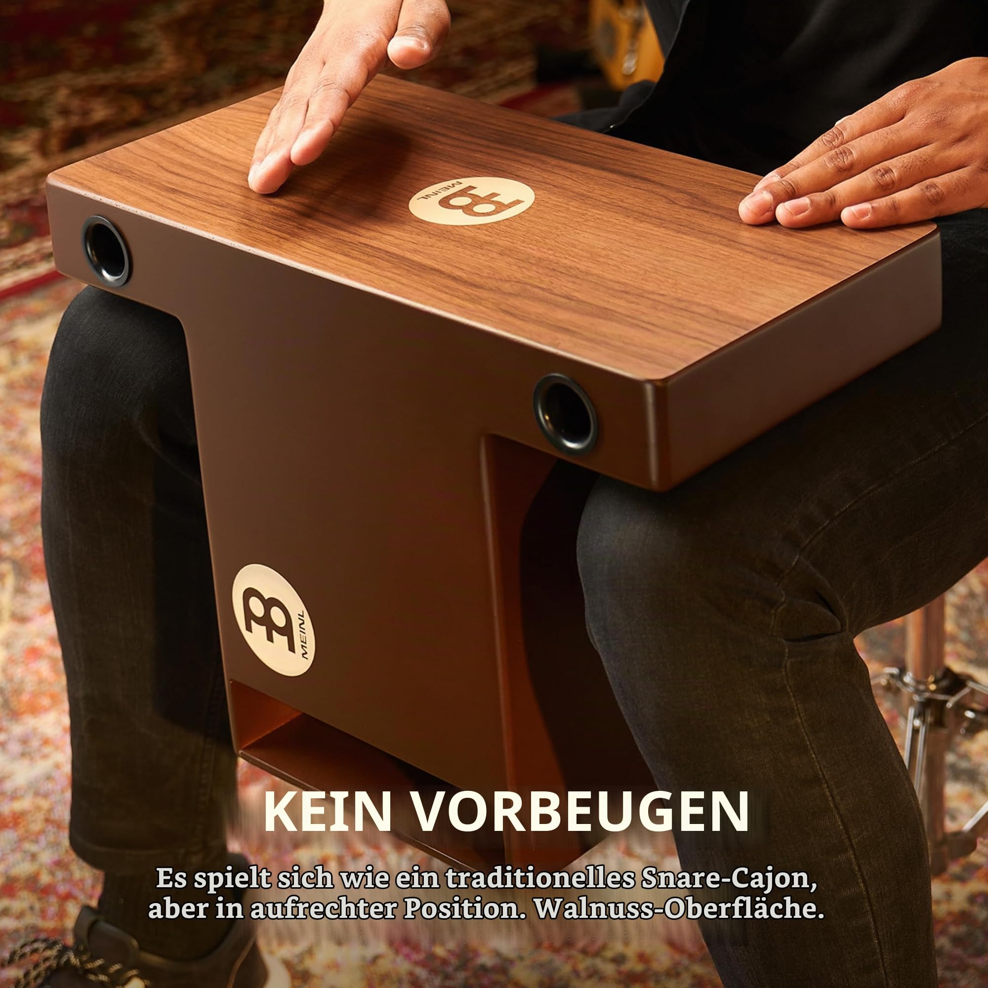 Meinl Percussion Turbo Slaptop Cajon - rückenschonende Trommelkiste mit Snare - Walnuss Schlagfläche (TOPCAJ2WN) | T-Design, 3 Schalllöcher vorne, Snares auf beiden Seiten, Faserplatte und Walnuss