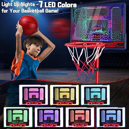 Miniatura 2 de Aro de baloncesto para niños de 3, 4, 5, 6, 7, 8 años, portería de baloncesto electrónico con soporte ajustable, 7 luces LED y marcador, juguete