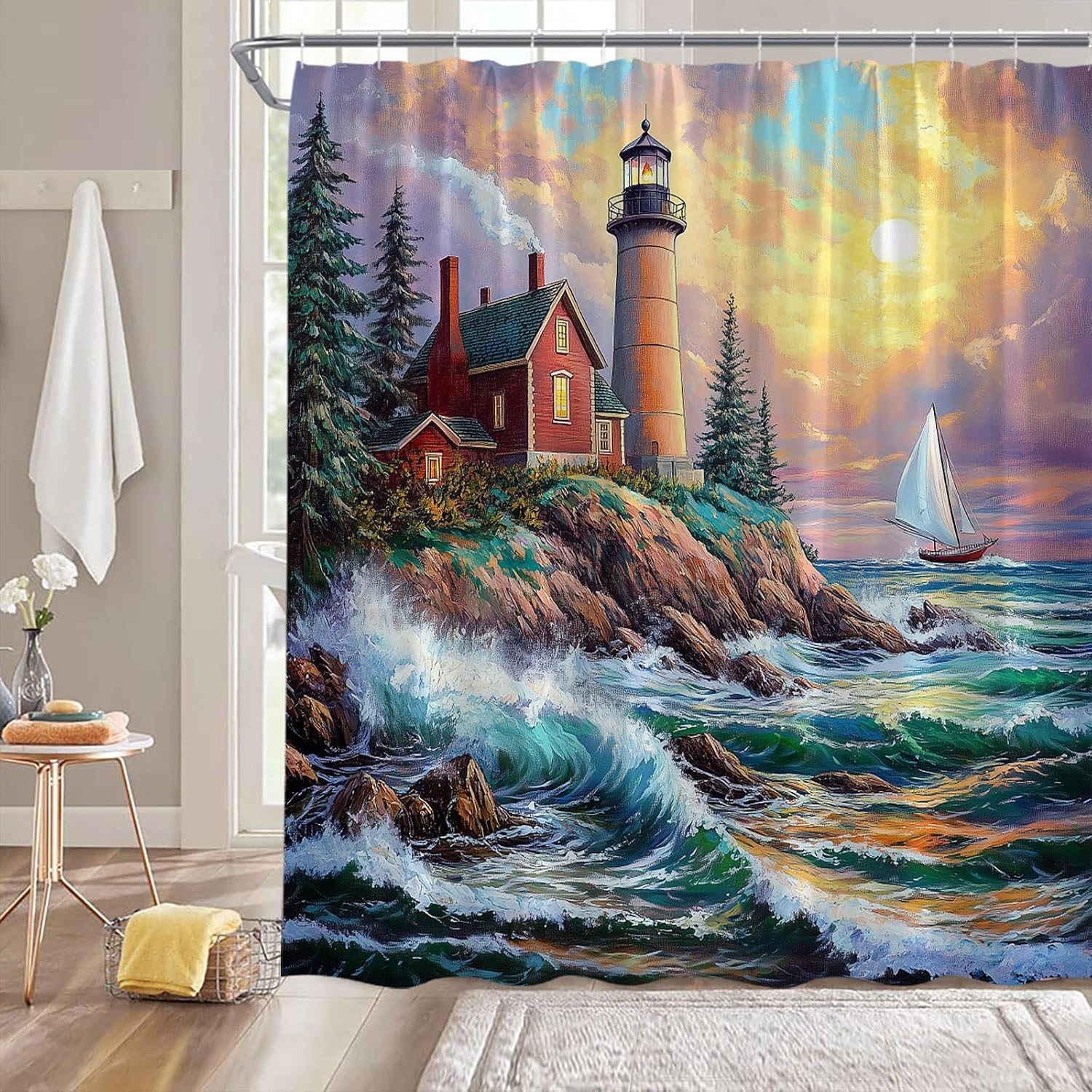 Ocean Landscape Shower Curtain Nautical Lighthouse Sea Beach Waves Rustic Forest Vintage Cabin Sunset Oil Painting Nature 70"Wx70"H Bathroom Decor Curtain with Hooks