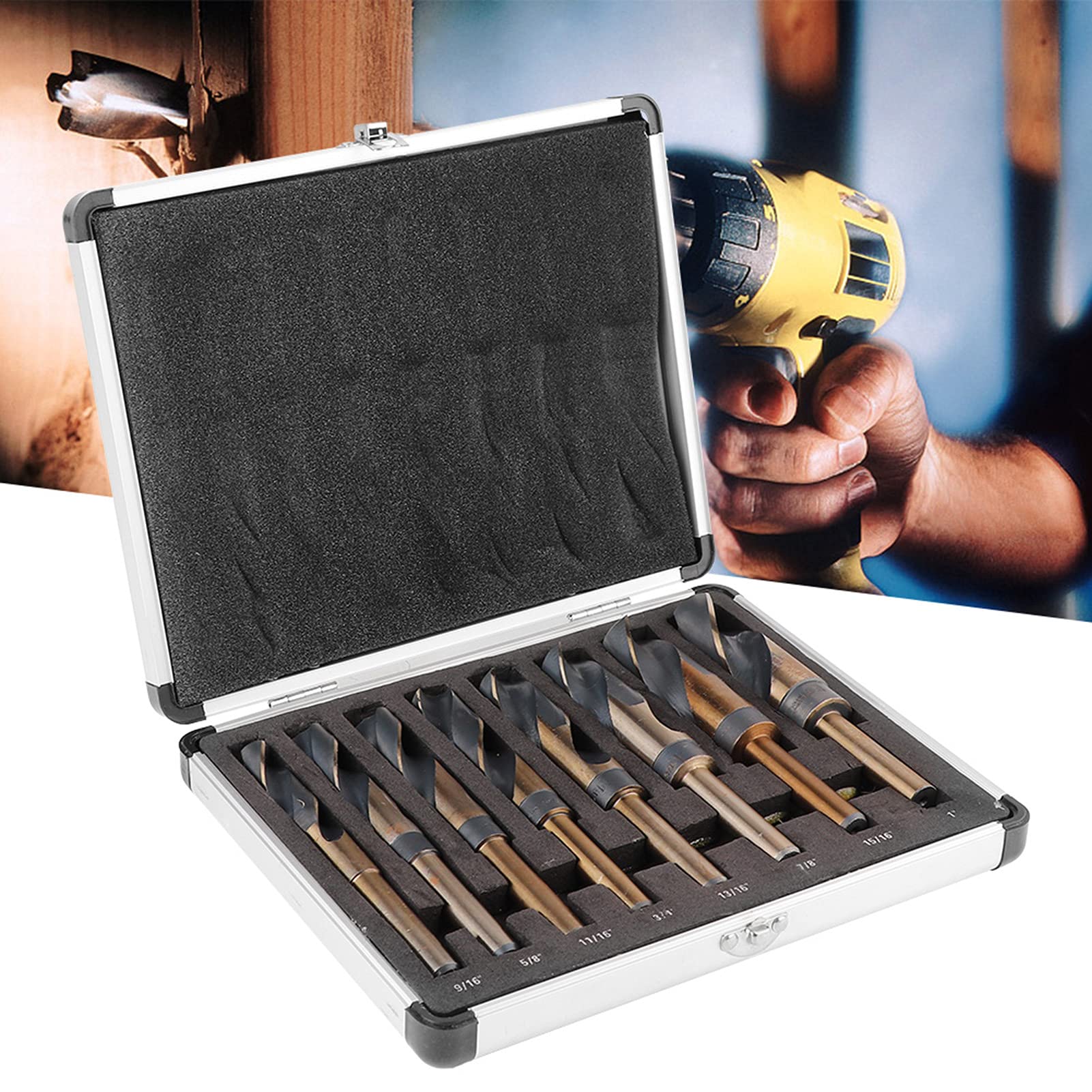 Juego de brocas helicoidales HSS con mango redondo y caja de aluminio.
