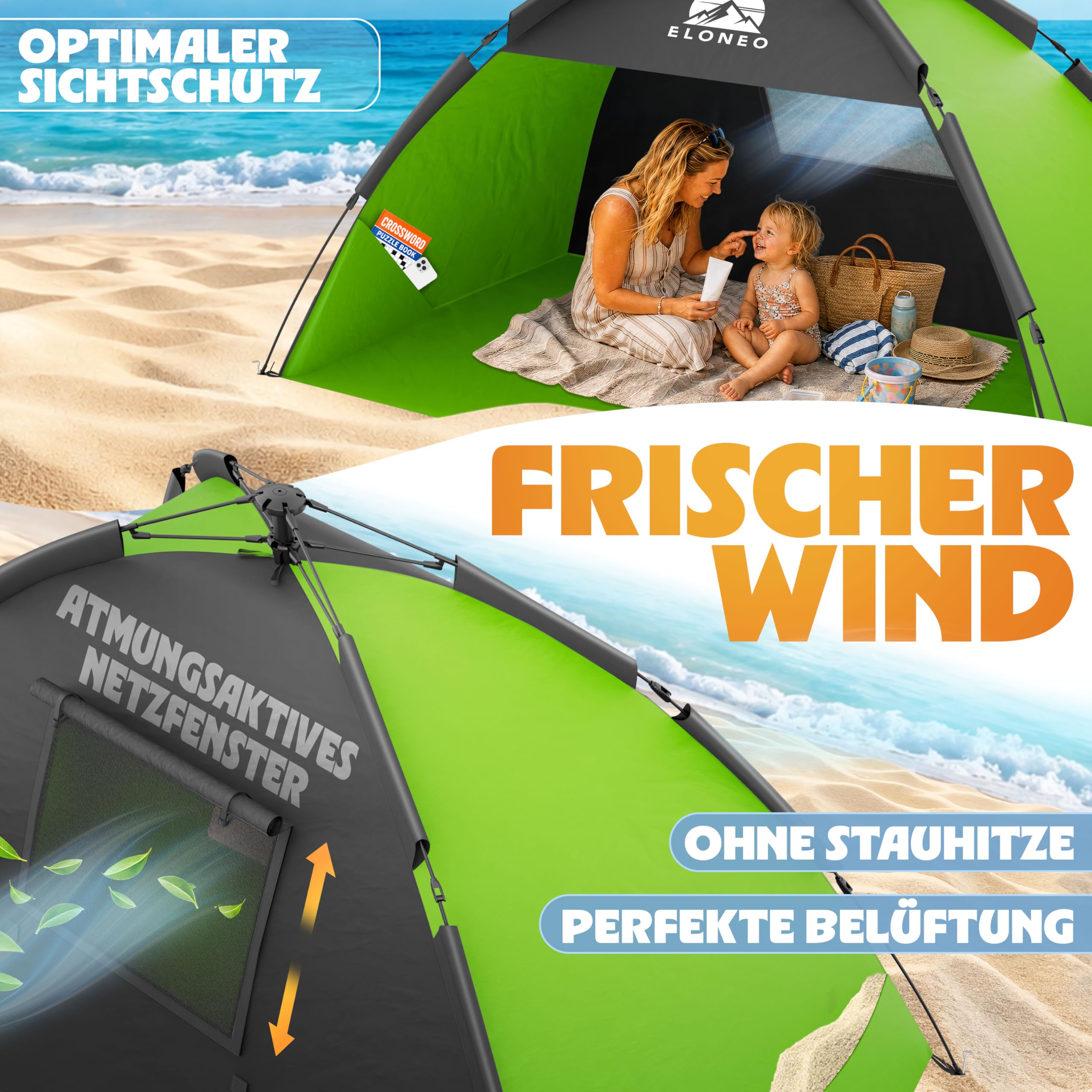 ELONEO Pop Up Strandmuschel UV Schutz 50+ | Strandzelt XXL 220x150x130 cm | Leichter Aufbau und kleines Packmaß inkl. Tragetasche | Strand Sonnenschutz & Windschutz für Babys und Erwachsene
