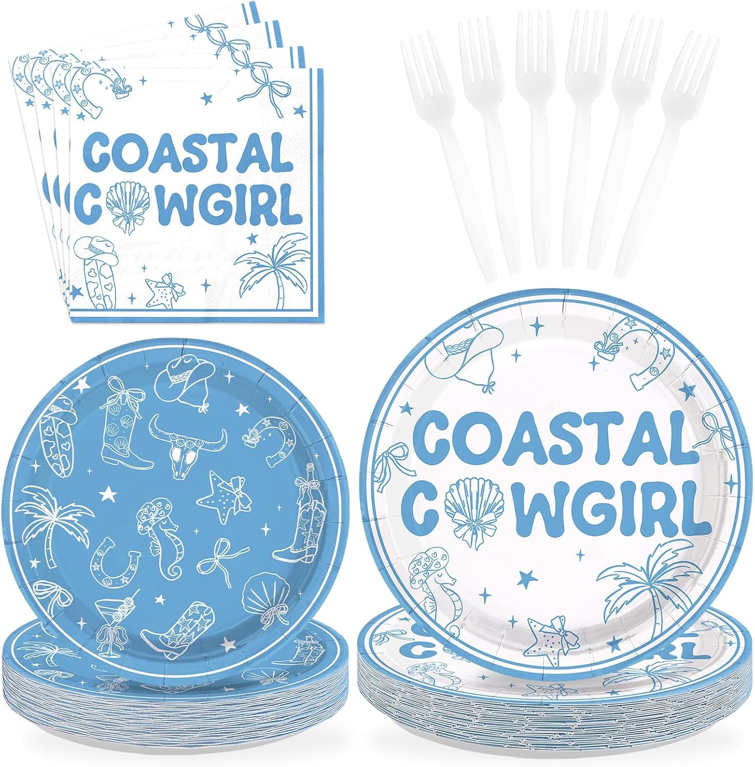 96Pcs Coastal Cowgirl Party Supplies Blue Western Cowgirl Plates and Napkins Coastal Beach Theme Tableware Set for Girls Western Bachelorette Beach Wedding Party Decorations Serves 24