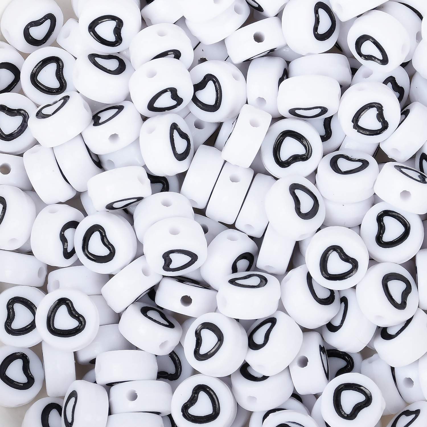 Acrylic White and Black Heart Beads, Plastic Heart Beads, Acrylic Symbol Beads, Outline Heart Beads, Size 7mm, 100pcs/lot