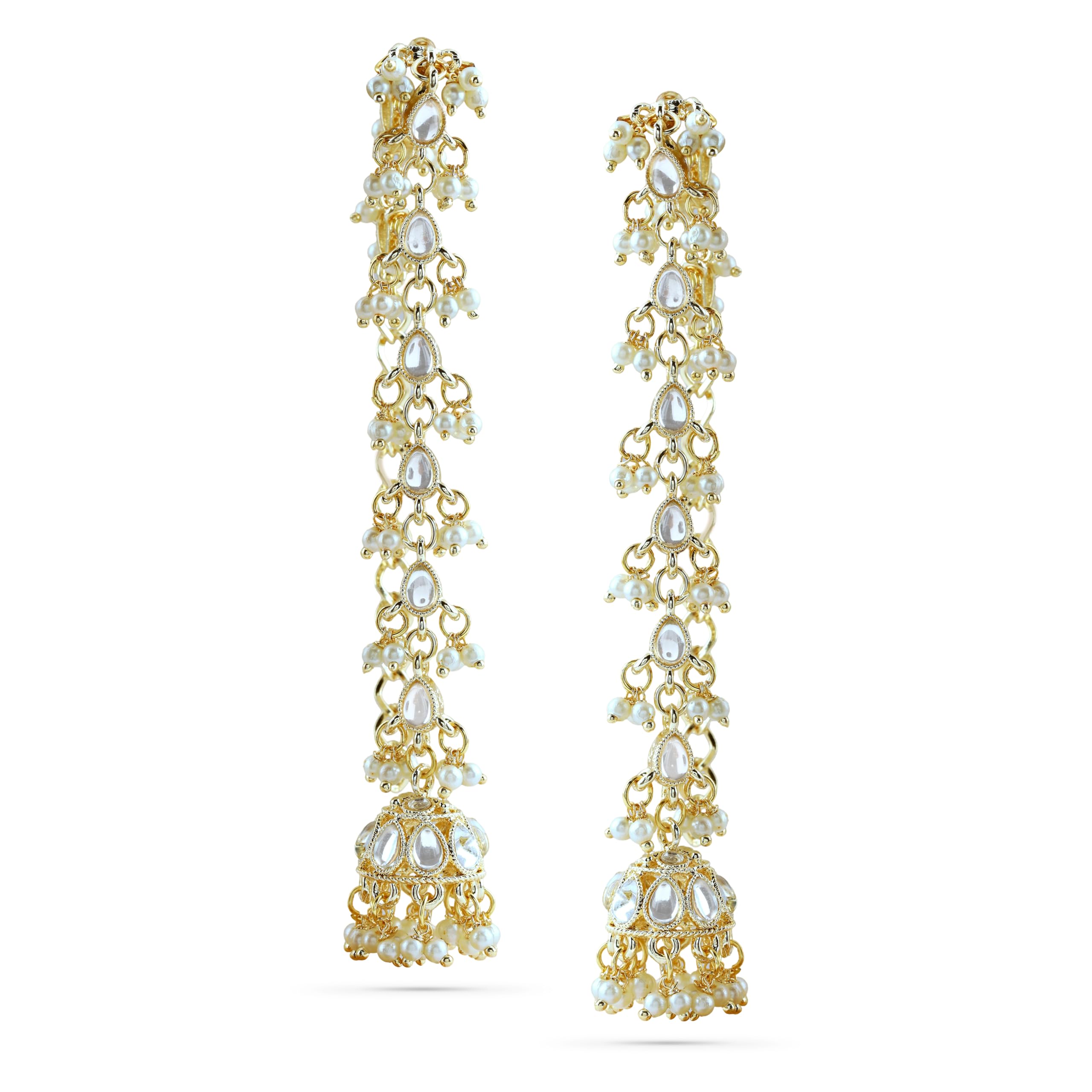 rubans 18K Gold-Plated White Kundan & Glossy Pearl Beaded Long Jhumka Earring Extension for Women – Ideal for Bridal & Festive Styling-picture-34
