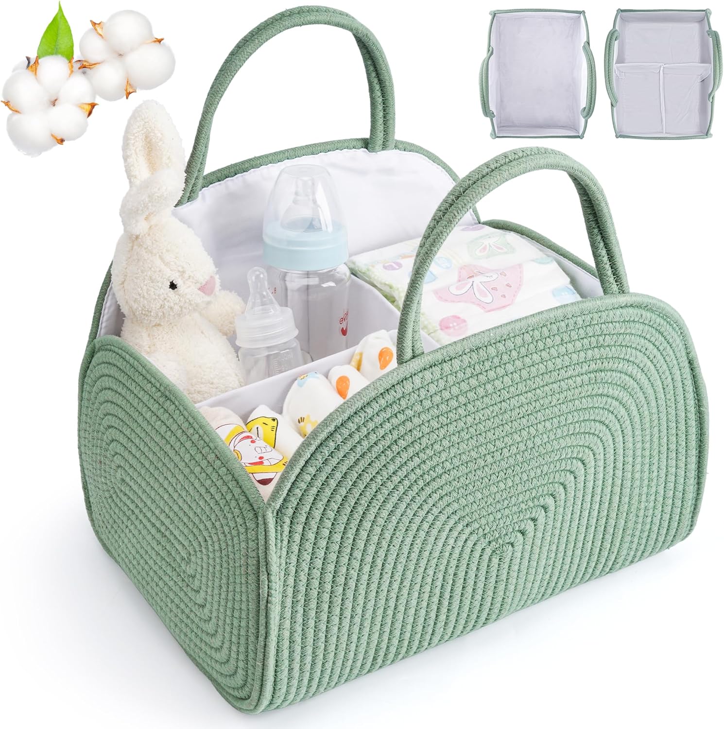 Diaper Caddy Organizer for Baby, Cotton Rope Baby Gift Basket, Portable Diaper Organizer for Changing Table, Diapers Nursery Storage Organizer for Travel, Camping, Green Baby Shower Gifts for Newborn