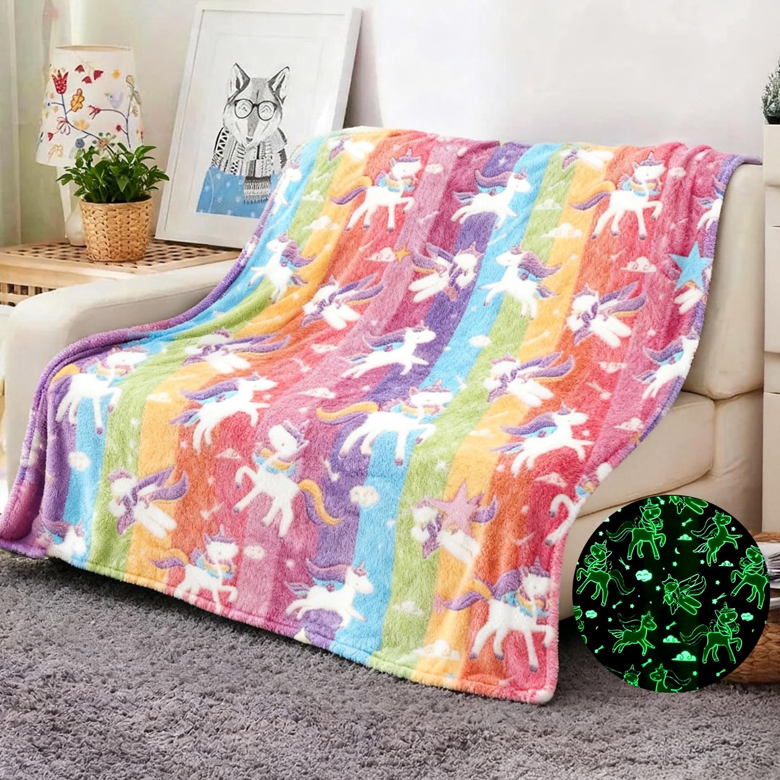 Plaid che si Illumina al Buio, 130x170cm Coperta con Unicorno, Morbida e Accogliente Coperta in Flanella per Bambini, Morbida Plaid, Regalo di Compleanno per Bambini e Ragazze(Colorata)