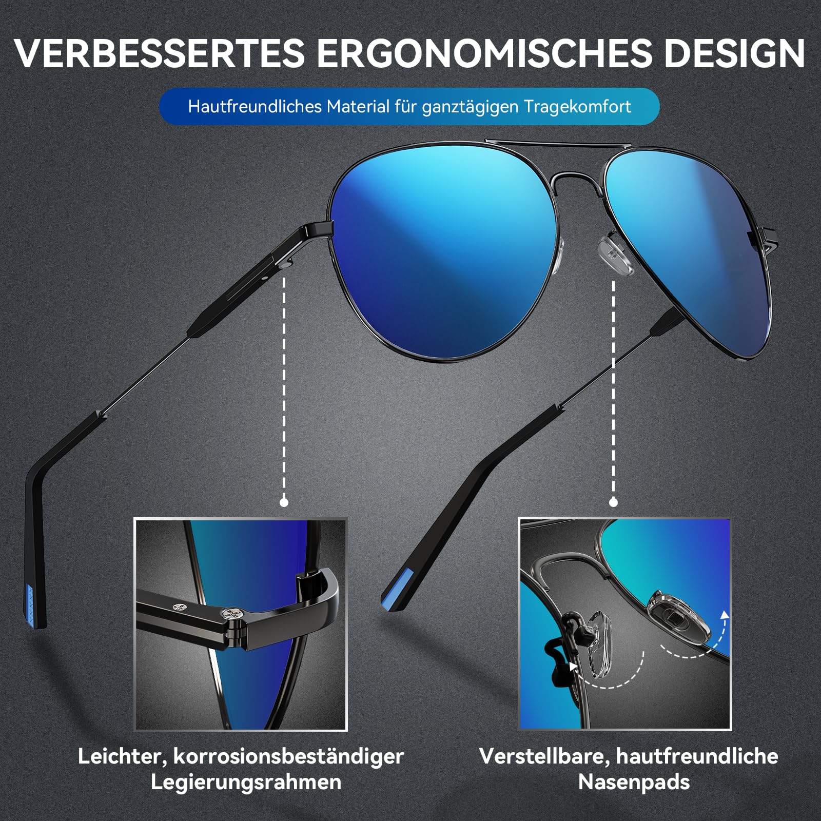 DADA-PRO Sonnenbrille Herren Polarisiert Pilotenbrille Damen Metallrahmen Retro Fliegerbrille UV400 Schutz Polarized Sunglasses Men Women