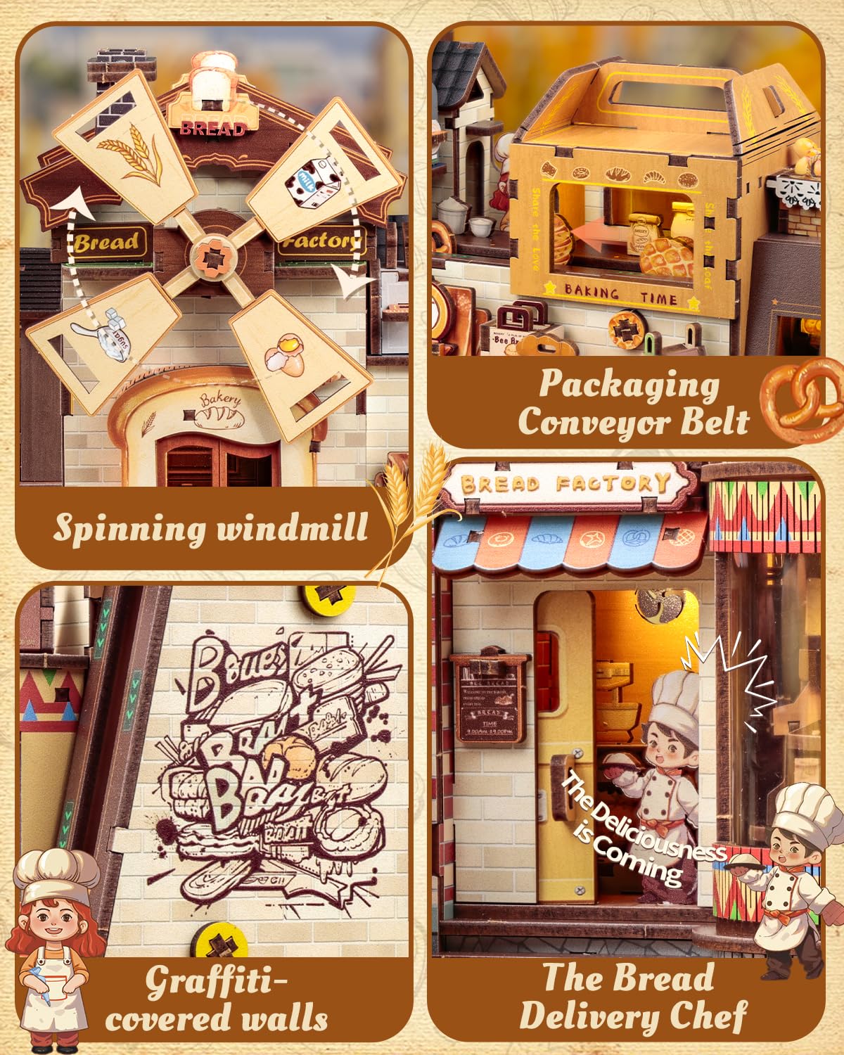 CUTEBEE Operacyjny Domek dla Lalek DIY Mechaniczny Miniaturowy Dom z Muzyką,Pyszne Wypiekanie Chleba,Deko do Półki na Książki,Prezenty(Bread Factory)