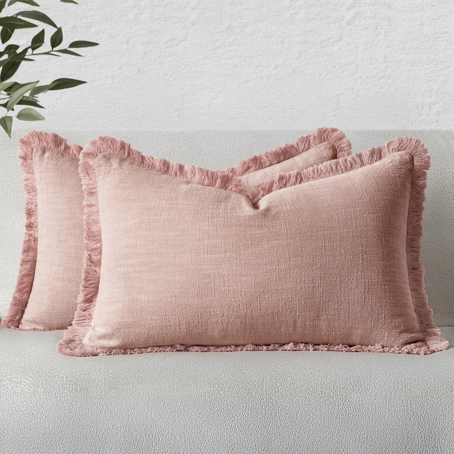 MIULEE Boho Linen Fringe Decorative Lumbar Throw Pillow Covers Pink 12x20