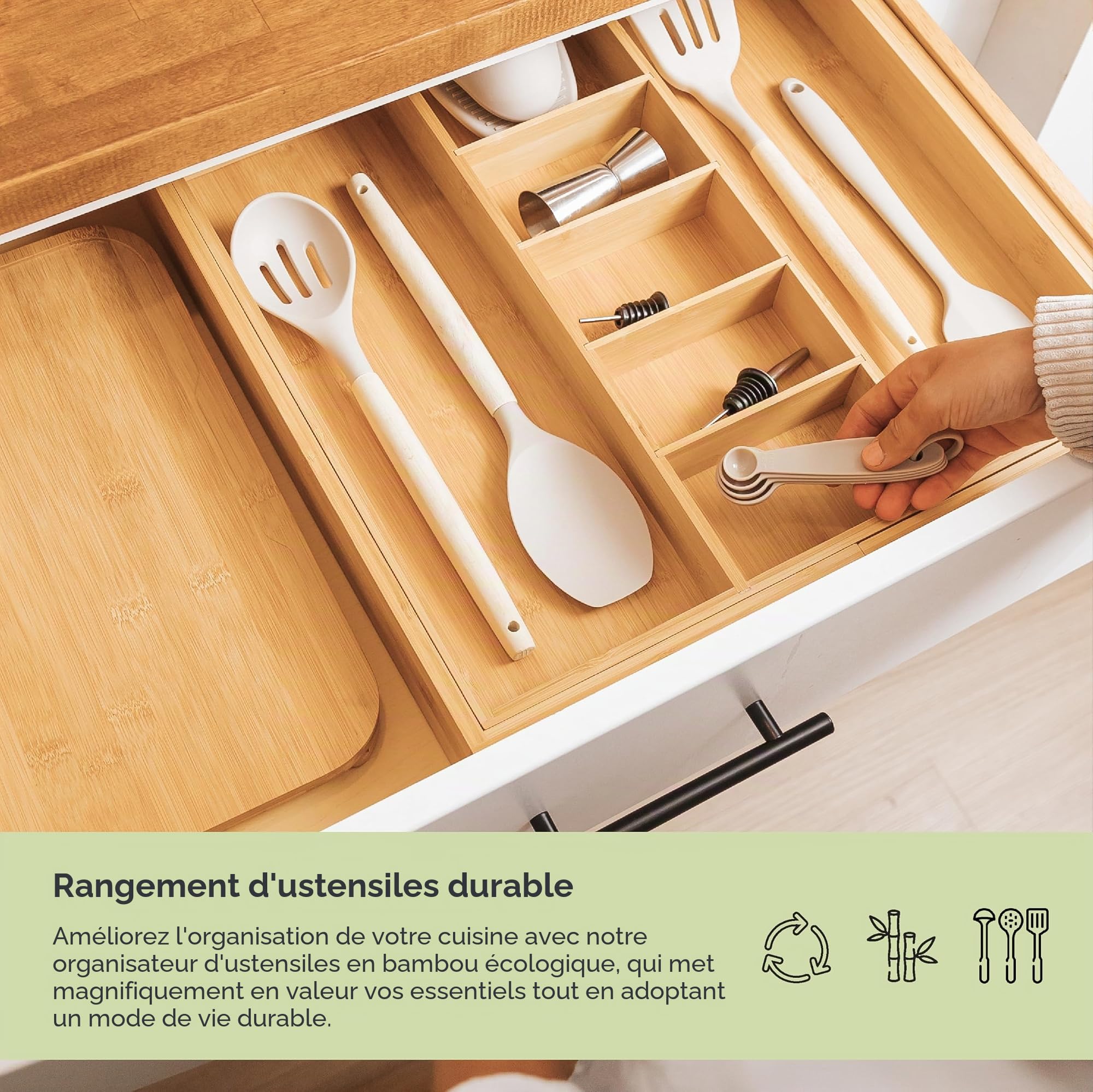 KitchenEdge Organiseur de tiroir de cuisine réglable pour ustensiles et déchets, extensible jusqu'à 83 cm de large, 9 compartiments, 100% bambou