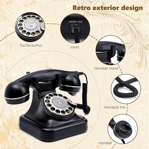 Miniatura 4 de Teléfonos fijos rotativos retro con timbre mecánico, control de volumen, redireccional, no requiere alimentación de CA, teléfonos con cable vintage,