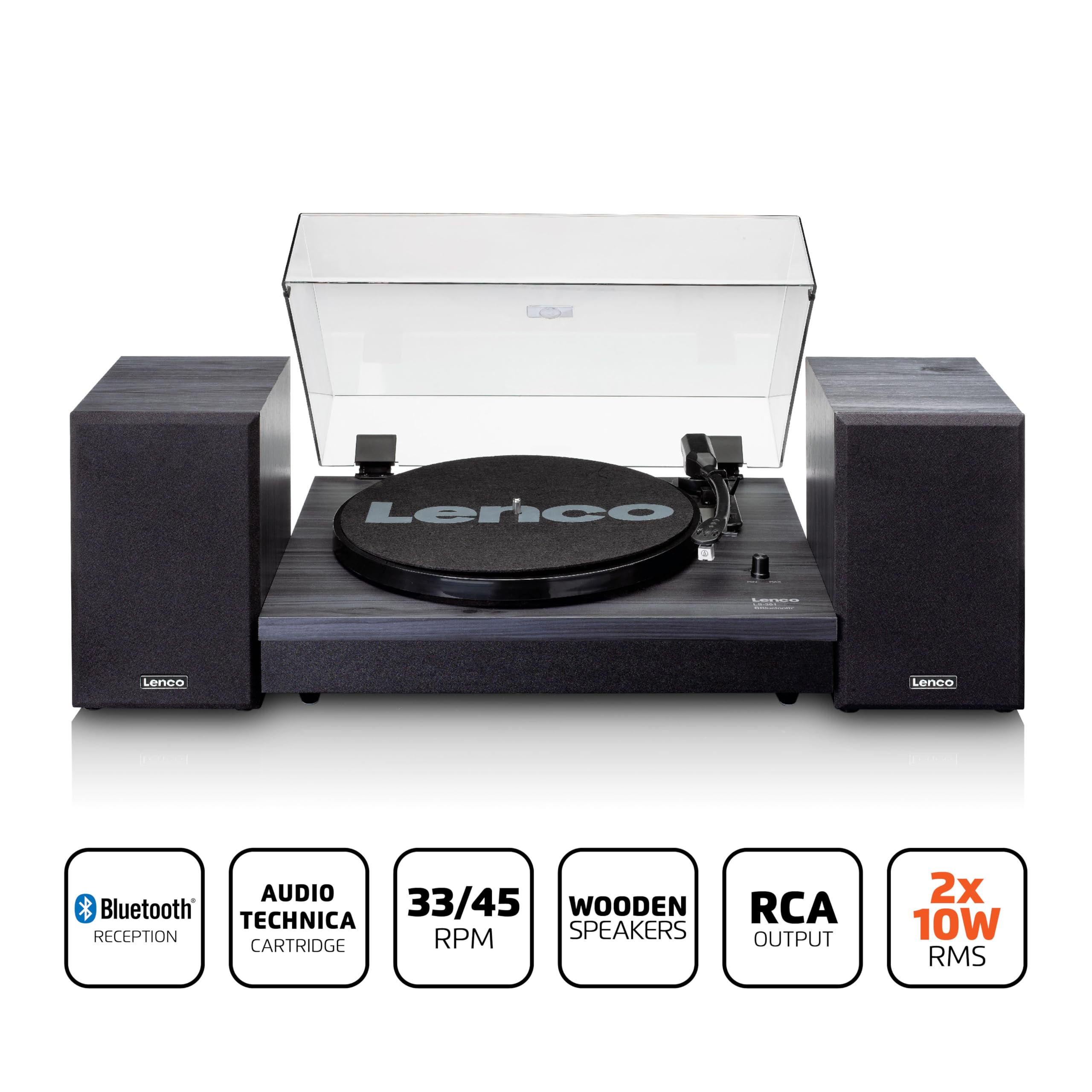 Lenco LS-301BK - Bluetooth® Plattenspieler mit Zwei externen Lautsprechern und 2 x 10 Watt RMS, schwarz