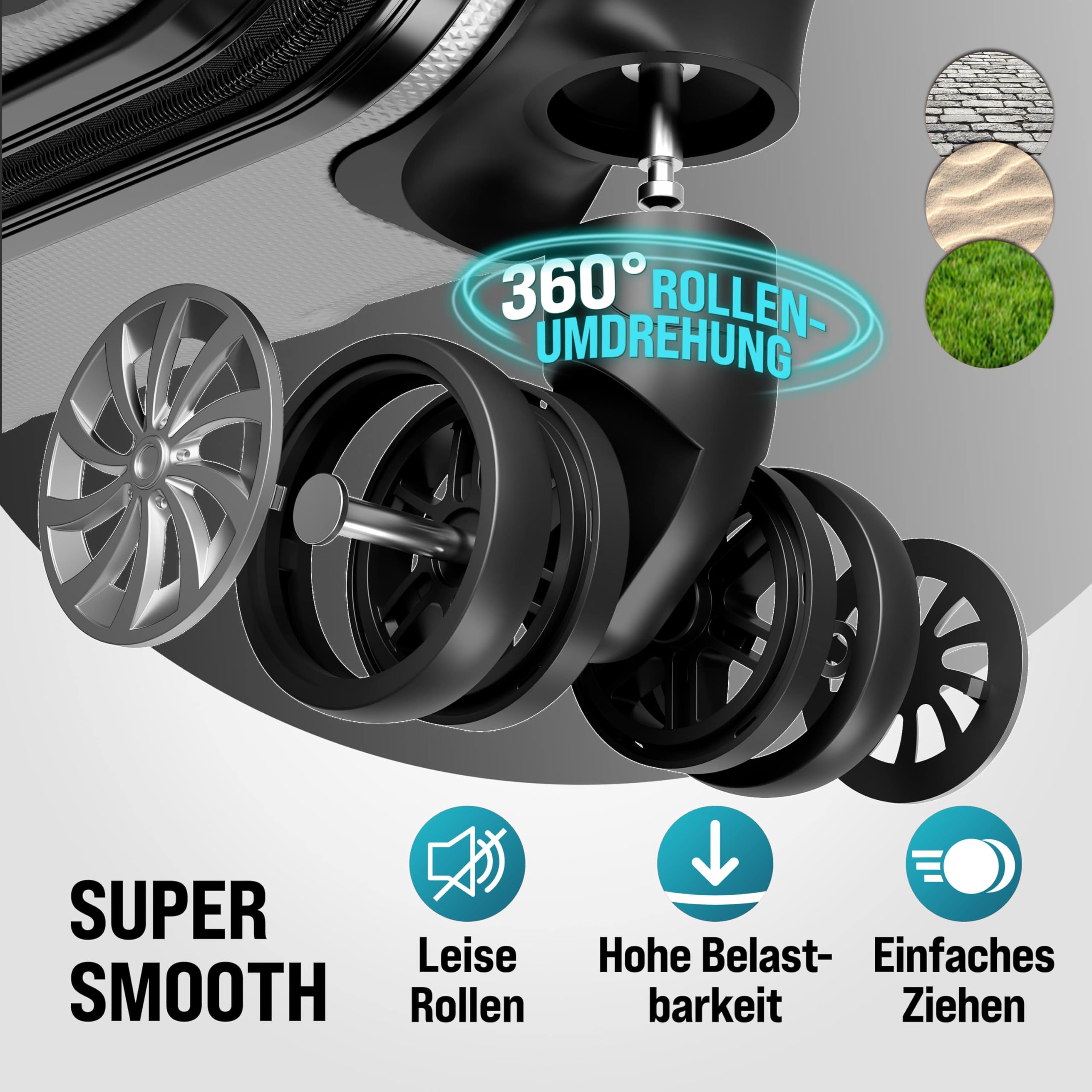Monzana® 4tlg Kofferset Schloss Organizer Kofferwaage Gurt Gel-Griffe Zwillingsrollen Standfüße Trolley Reisekoffer Hartschale Koffer S-M-L-XL Silber