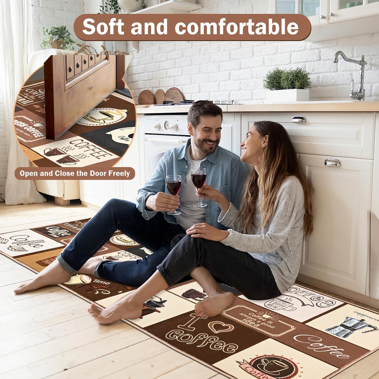 Coffee-Themed Kitchen Rug Sets 3 Piece, Washable Kitchen Mats for Floor Non Slip Durable Kitchen Floor Mat Carpet Runner Rugs for Hallway Laundry Room,Coffee Bar