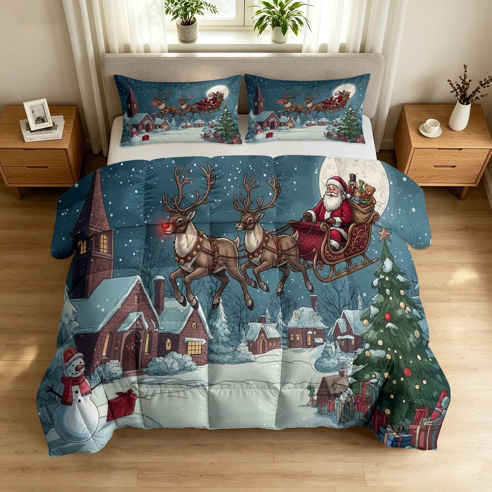 Kołdra 200 x 220 cm, na 4 pory roku – z kreskówki, Boże Narodzenie, pikowana, nadająca się do prania, cienka, lekka kołdra letnia, Święty Mikołaj bałwan, małe miasteczko, drewniana chatka, letnia