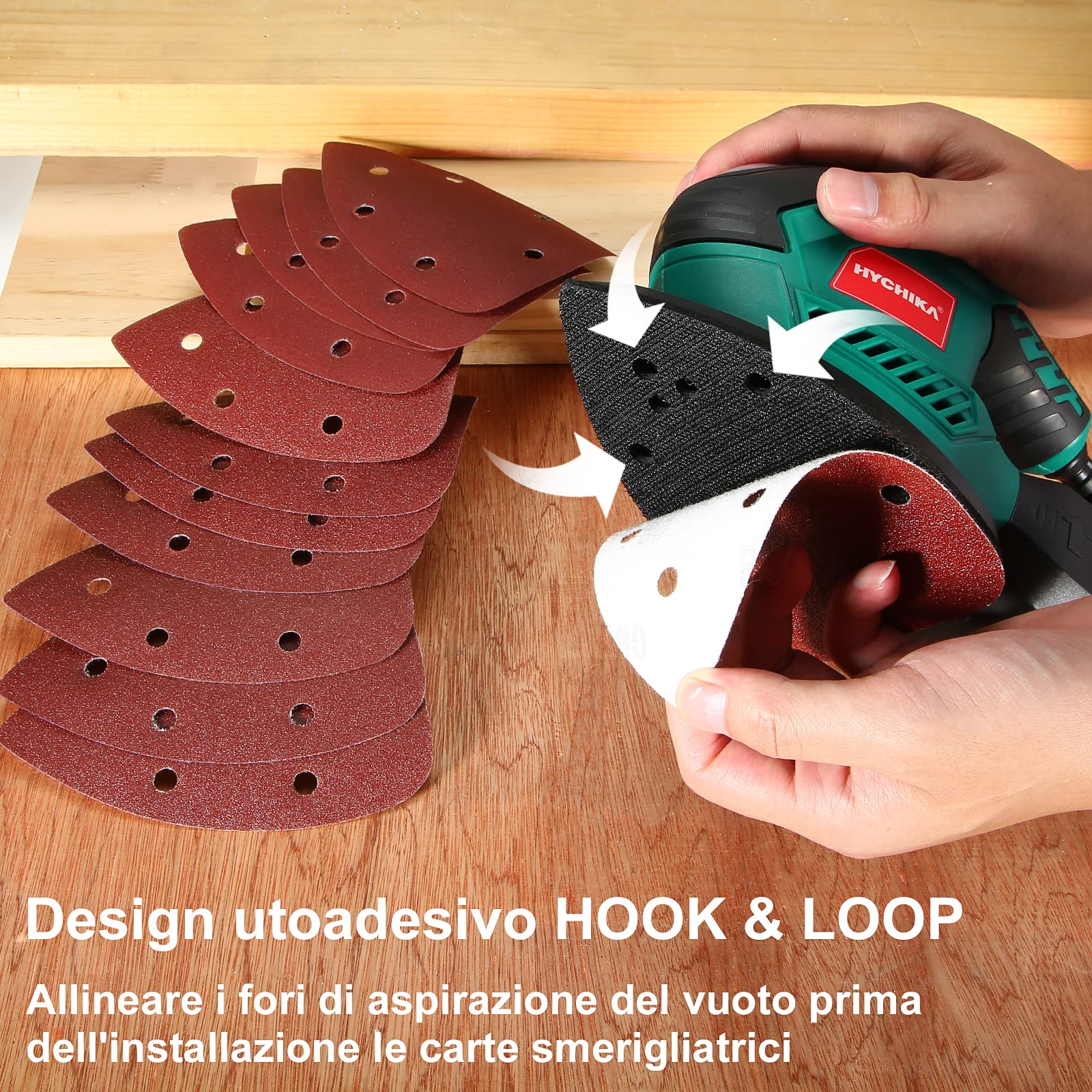 HYCHIKA Levigatrice per Legno, 200W Levigatrice Mouse, 14000RPM con Raccolta Polvere, 12PCS Carte Abrasive(240/120/80 Grani, per Multipli Angoli, Legno, Metallo, cavo elettrico